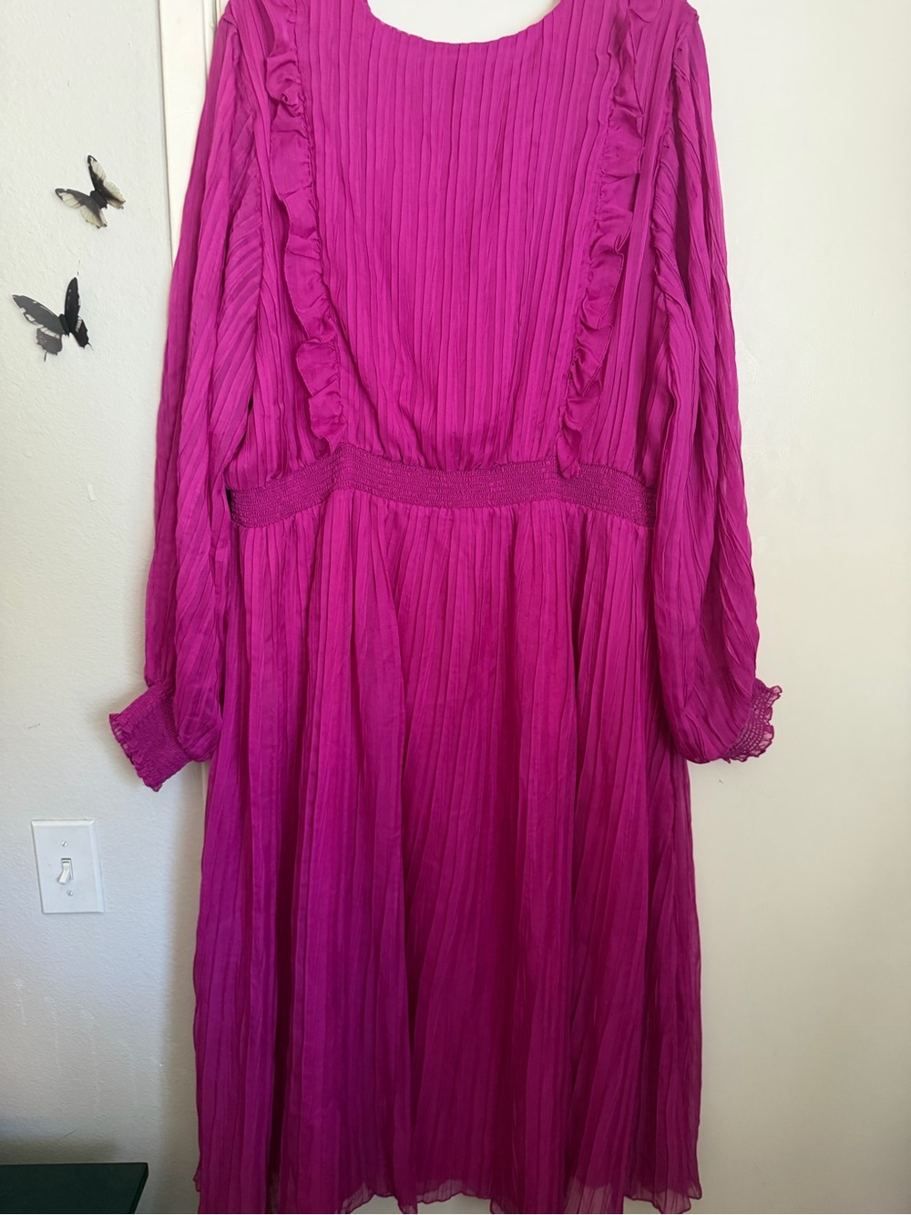 Eloquii Bold Fuchsia Long Sleeve Ruffled V-Neck Midi Dress - Picture 6 of 7